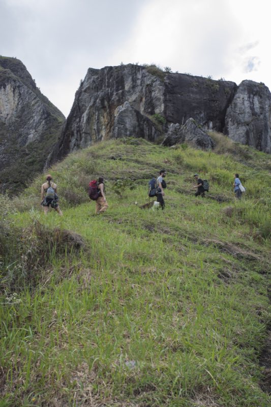 Grupo caminando hacia la pared